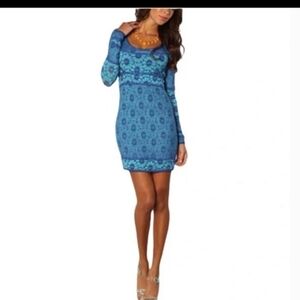 Free People Botanical Forest Blue Scoop Neck Crochet Long Sleeve Bodycon Dress